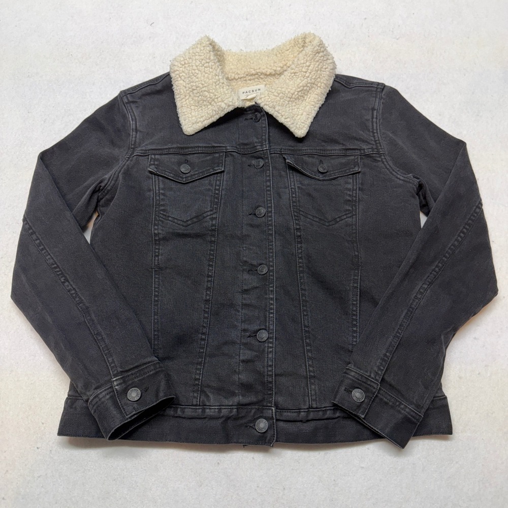 PacSun Sherpa Lined Denim Trucker Jacket Faux Shearling Black Adult Medium‎